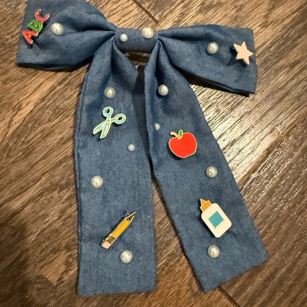 Colorful Kids School Themed Hair Bows Denim and White
